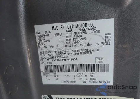 2009 Ford F-150 Fx4/King Ranch/Lariat/Platinum/Xl/Xlt z USA, uszkodzony, nr VIN 1FTPW14V59FA42862